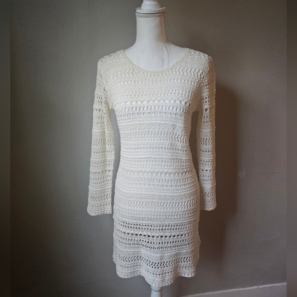 H&M Cream Crochet Knit Long-Sleeve Cover Up Dress